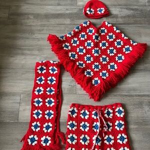 Vintage Hand Crocheted Kids Poncho , Skirt, Scarf, Hat